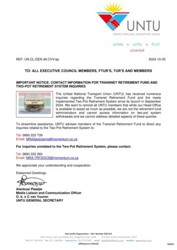IMPORTANT NOTICE: CONTACT INFORMATION FOR TRANSNET RETIREMENT FUND AND TWO-POT RETIREMENT SYSTEM