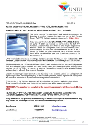 TRANSNET FREIGHT RAIL: REMINDER VARIATION AGREEMENT DRAFT MANDATE