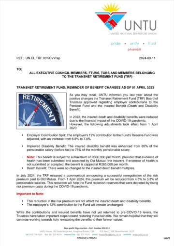 TRANSNET RETIREMENT FUND: REMINDER OF BENEFIT CHANGES AS OF 01 APRIL 2023