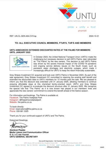 UNTU ANNOUNCES EXTENDED DISCOUNTED RATES AT THE PALMS VOETPLAAT PARK FOR MEMBERS UNTIL 31 JULY 2025