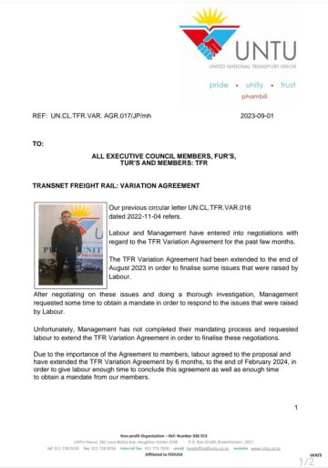 TRANSNET FREIGHT RAIL: VARIATION AGREEMENT
