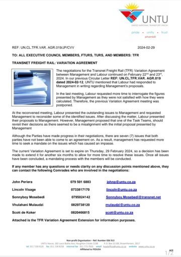 FEEDBACK: TRANSNET FREIGHT RAIL- VARIATION AGREEMENT.