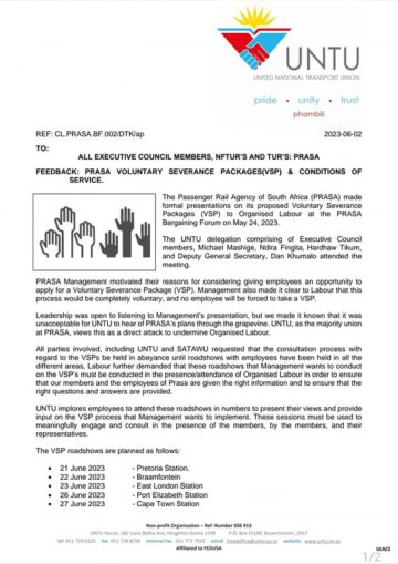 FEEDBACK: PRASA VOLUNTARY SEVERANCE PACKAGES(VSP) & CONDITIONS OF SERVICE