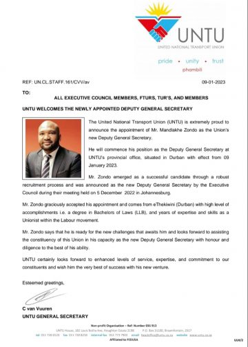 UNTU WELCOMES THE NEWLY APPOINTED DEPUTY GENERAL SECRETARY