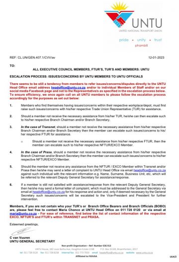 ESCALATION PROCESS: ISSUES/CONCERNS BY UNTU MEMBERS TO UNTU OFFICIALS