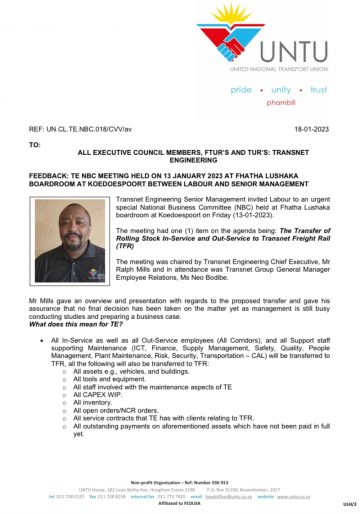 FEEDBACK: TE NBC MEETING HELD ON 13 JANUARY 2023 AT FHATHA LUSHAKA BOARDROOM AT KOEDOESPOORT BETWEEN LABOUR AND SENIOR MANAGEMENT