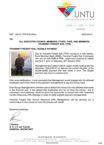 TRANSNET FREIGHT RAIL: DOUBLE PAYMENT