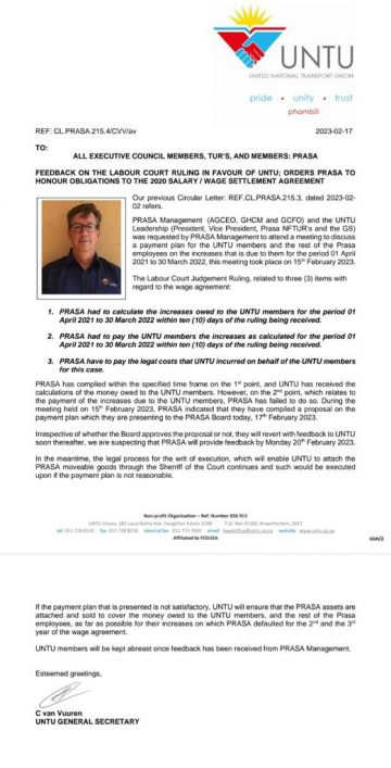 FEEDBACK ON THE LABOUR COURT RULING IN FAVOUR OF UNTU; ORDERS PRASA TO HONOUR OBLIGATIONS TO THE 2020 SALARY / WAGE SETTLEMENT AGREEMENT