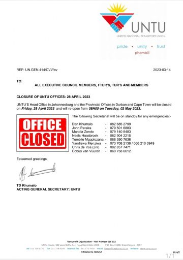 CLOSURE OF UNTU OFFICES: 28 APRIL 2023