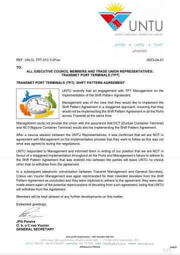 TRANSNET PORT TERMINALS (TPT): SHIFT PATTERN AGREEMENT