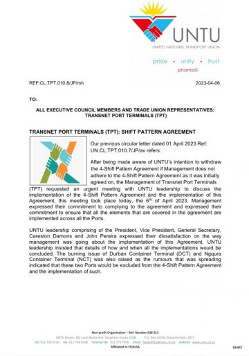 TRANSNET PORT TERMINALS (TPT): SHIFT PATTERN AGREEMENT