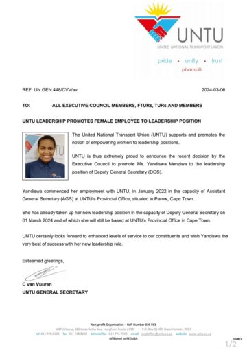 UNTU LEADERSHIP PROMOTES FEMALE EMPLOYEE TO LEADERSHIP POSITION.