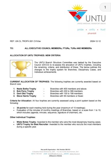 ALLOCATION OF UNTU TROPHIES: NEW CRITERIA