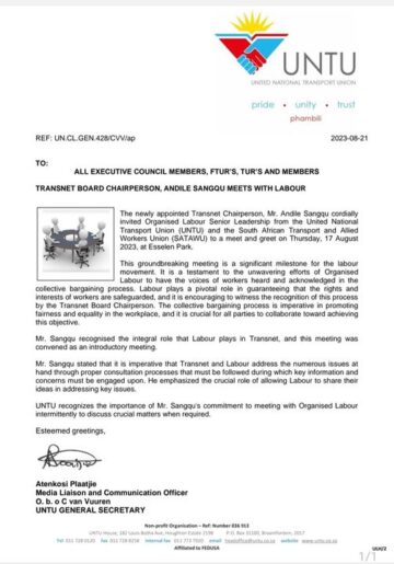 FEEDBACK: TRANSNET BOARD CHAIRPERSON, ANDILE SANGQU, MEETS WITH LABOUR