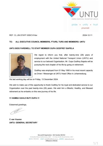 UNTU BIDS FAREWELL TO STAFF MEMBER OUPA GODFREY BAPELA