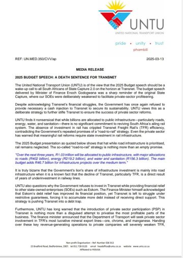 2025 BUDGET SPEECH- A DEATH SENTENCE FOR TRANSNET