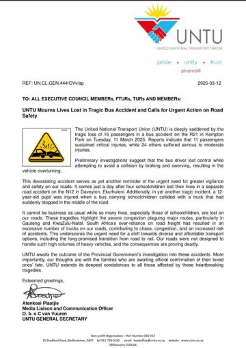 UNTU MOURNS THE LIVES LOST IN TRAGIC BUS ACCIDENTS