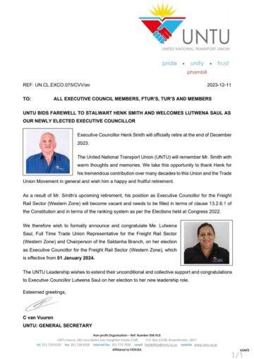 UNTU BIDS FAREWELL TO STALWART, HENK SMITH, AND WELCOMES LUTWENA SAUL AS OUR NEWLY ELECTED EXECUTIVE COUNCILLOR