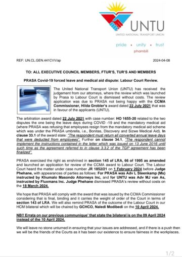 PRASA Covid-19 forced leave and medical aid dispute: Labour Court Review.