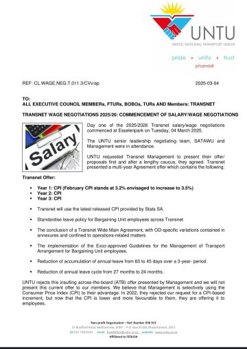 FEEDBACK: TRANSNET WAGE NEGOTIATIONS 2025/2026: COMMENCEMENT OF SALARY/WAGE NEGOTIATIONS