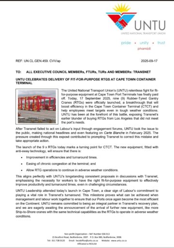 UNTU CELEBRATES DELIVERY OF FIT-FOR-PURPOSE RTGs AT THE CAPE TOWN CONTAINER TERMINAL