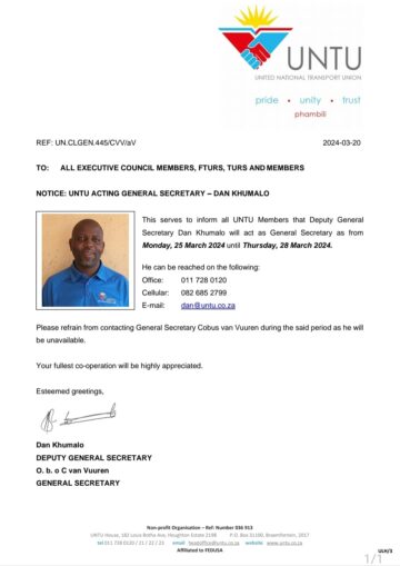 NOTICE: UNTU ACTING GENERAL SECRETARY: DAN KHUMALO.