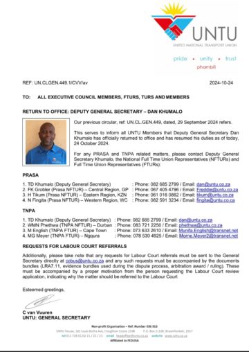 RETURN TO OFFICE: DEPUTY GENERAL SECRETARY DAN KHUMALO