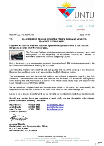 FEEDBACK: Transnet Pipelines Variation Agreement Negotiations have reached a deadlock.