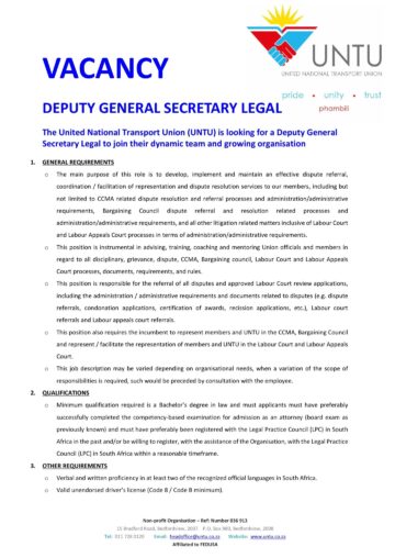 VACANCY: DEPUTY GENERAL SECRETARY LEGAL