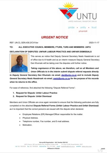 DECLARATION OF DISPUTES: UNFAIR LABOUR PRACTICE AND UNFAIR DISMISSALS.