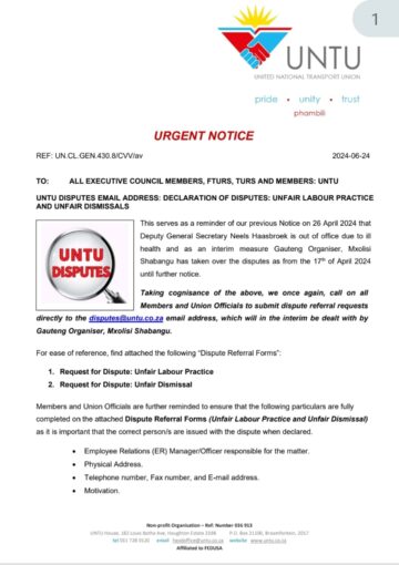 UNTU DISPUTES EMAIL ADDRESS: DECLARATION OF DISPUTES: UNFAIR LABOUR PRACTICE AND UNFAIR DISMISSALS