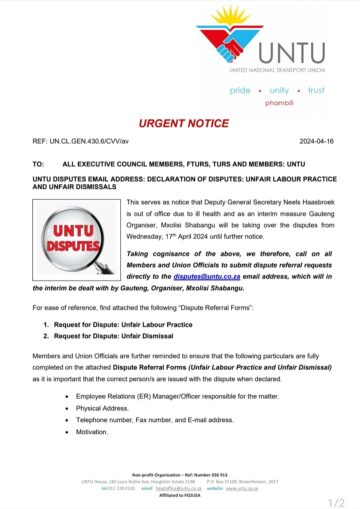 UNTU DISPUTES EMAIL ADDRESS: DECLARATION OF DISPUTES: UNFAIR LABOUR PRACTICE AND UNFAIR DISMISSALS
