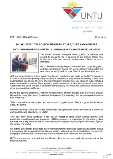 UNTU DURBAN OFFICE IS OFFICIALLY OPENED AT A NEW AND STRATEGIC LOCATION