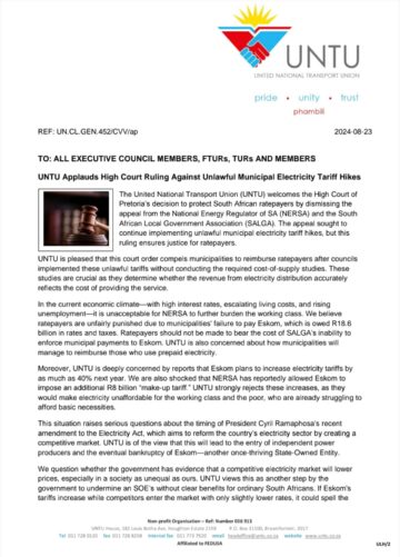 UNTU Applauds High Court Ruling Against Unlawful Municipal Electricity Tariff Hikes.