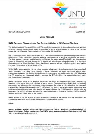 [MEDIA STATEMENT] UNTU Expresses Disappointment Over Technical Glitches in 2024 General Elections.