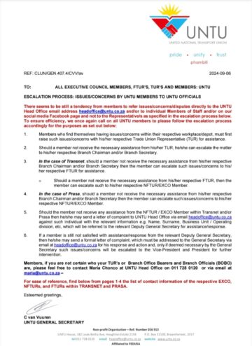 ESCALATION PROCESS: ISSUES/CONCERNS BY UNTU MEMBERS TO UNTU OFFICIALS