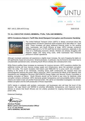 UNTU CONDEMNS ESKOM’s TARIFF HIKE AMID RAMPANT CORRUPTION AND ECONOMIC HARDSHIP