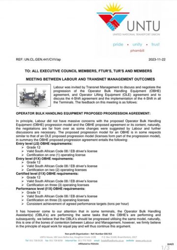 FEEDBACK: MEETING BETWEEN LABOUR AND TRANSNET MANAGEMENT OUTCOME