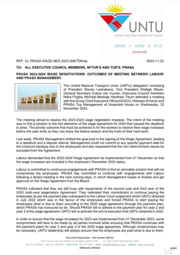 FEEDBACK: PRASA 2023-204 WAGE NEGOTIATIONS- OUTCOMES OF MEETING BETWEEN LABOUR AND PRASA MANAGEMENT