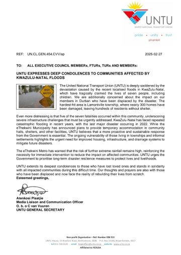 UNTU EXPRESSES DEEP CONDOLENCES TO COMMUNITIES AFFECTED BY KWAZUlU-NATAL FLOODS