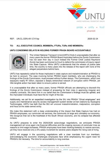 UNTU CONDEMNS DELAYS IN HOLDING FORMER PRASA BOARD ACCOUNTABLE