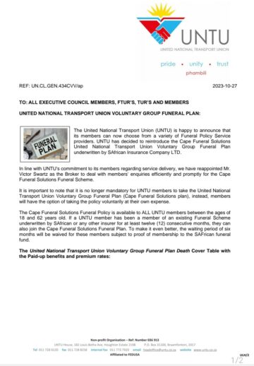 UNITED NATIONAL TRANSPORT UNION VOLUNTARY GROUP FUNERAL PLAN