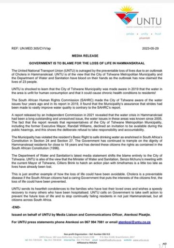 GOVERNMENT IS TO BLAME FOR THE LOSS OF LIFE IN HAMMANSKRAAL