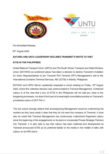 UNTU AND SATAWU LEADERSHIP DECLINES TRANSNET’S INVITE TO VISIT ICTSI IN PHILIPPINES