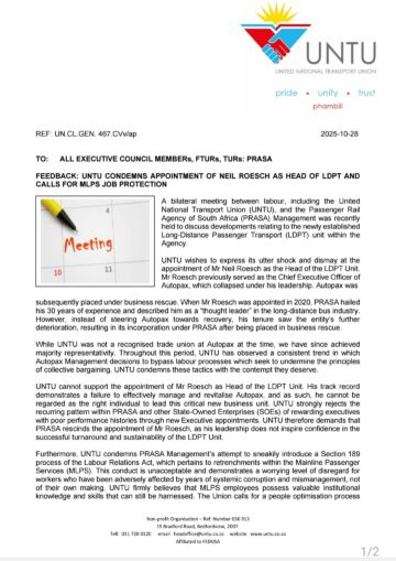 FEEDBACK: UNTU CONDEMNS THE APPOINTMENT OF NEIL ROESCH AS HEAD OF LDPT AND CALLS FOR MLPS JOB PROTECTION