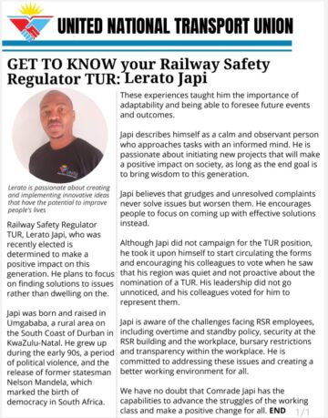 GET TO KNOW YOUR RAILWAY SAFETY REGULATOR TUR: LERATO JAPI #UNTUCares