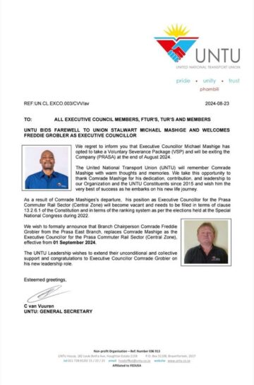 UNTU BIDS FAREWELL TO UNION STALWART MICHAEL MASHIGE AND WELCOMES FREDDIE GROBLER AS EXECUTIVE COUNCILLOR.