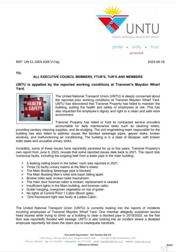 #UNTU IS APPALLED BY THE REPORTED WORKING CONDITIONS AT TRANSNET’S MAYDON WHARF YARD