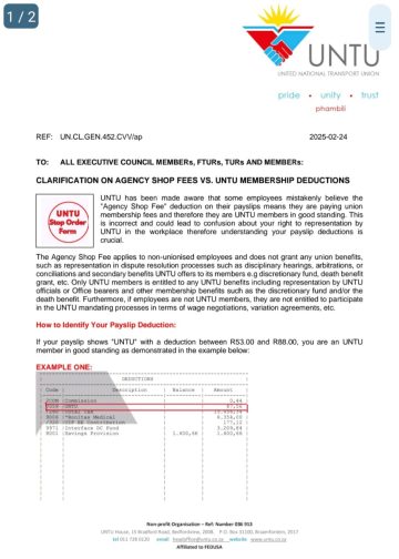 CLARIFICATION ON AGENCY SHOP FEES VS. UNTU MEMBERSHIP DEDUCTIONS