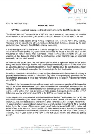 UNTU is concerned about possible retrenchments in the Coal Mining Sector.